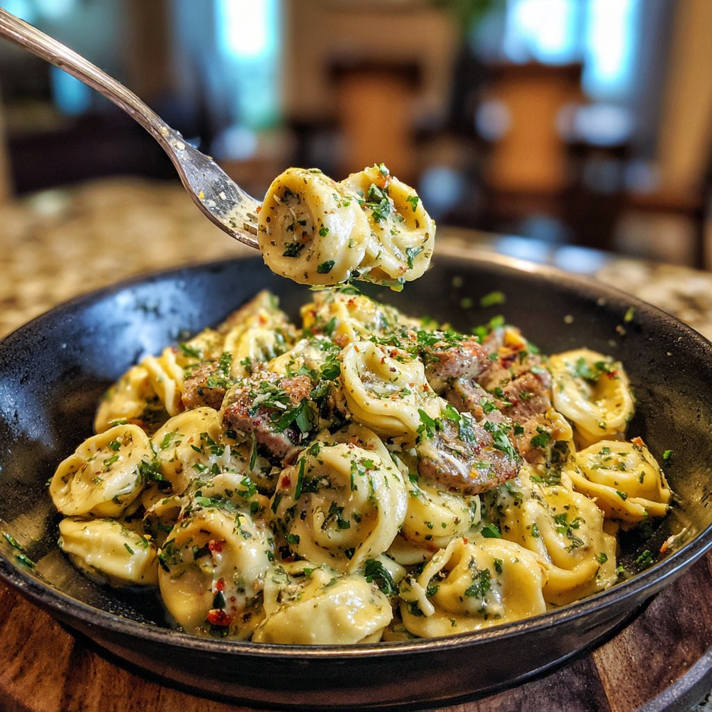 Garlic Steak Tortellini with Roasted Garlic Sauce
